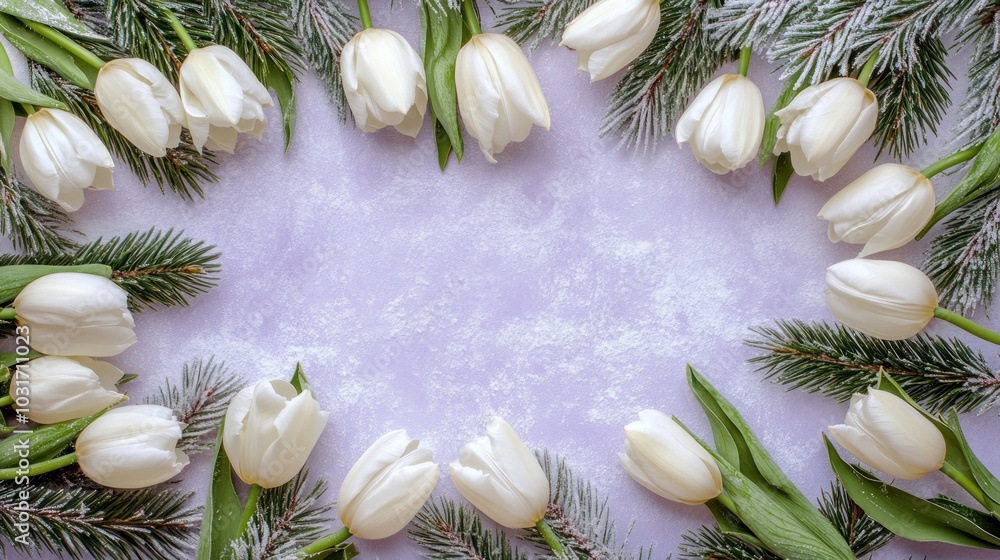 A decorative arrangement of white tulips and evergreen branches on a light background. A decorative arrangement of white tulips and evergreen branches on a light background.