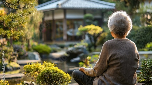 A caregiver taking a quiet moment for themselves in a peaceful garden, using mindfulness to manage the stress of caregiving. photo