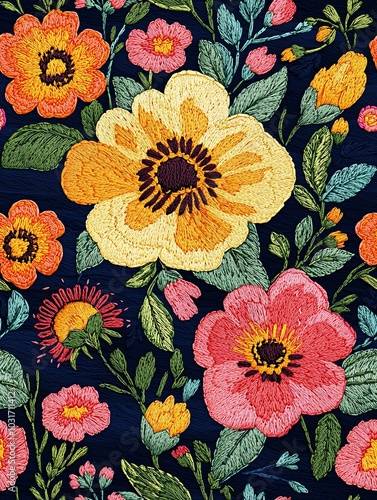 Seamless embroidered pattern featuring exquisite blossoms on a deep backdrop, perfect for fashion textiles and elegant printed materials.