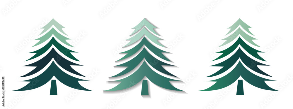 Obraz premium Three stylized Christmas trees in varying shades of green, featuring a sleek design. Set against a white background. Vector illustration