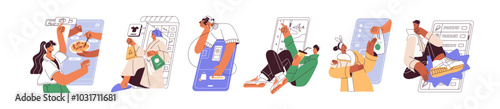 Online shopping concept set. Customers make purchases in stores by smartphone. People buy, order clothes, booking tickets in internet by phone. Flat isolated contour vector illustrations on white