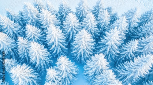 Aerial view of snow-covered evergreen trees in a winter landscape.