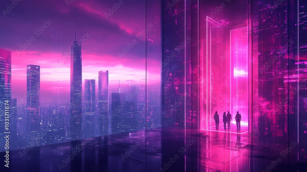 Futuristic Cityscape with Neon Lights and Silhouette Figures Futuristic Cityscape with Neon Lights and Silhouette Figures