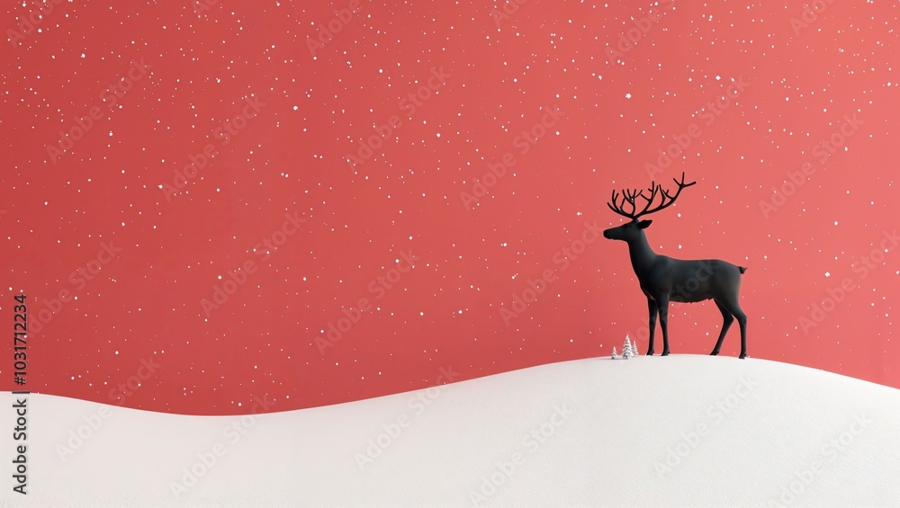 A Majestic Silhouette of a Black Deer Stands Against a Vibrant Red Background, Snowflakes Gently Falling, Creating a Tranquil and Magical Winter Scene Captured in Time. A Majestic Silhouette of a Black Deer Stands Against a Vibrant Red Background, Snowflakes Gently Falling, Creating a Tranquil and Magical Winter Scene Captured in Time.