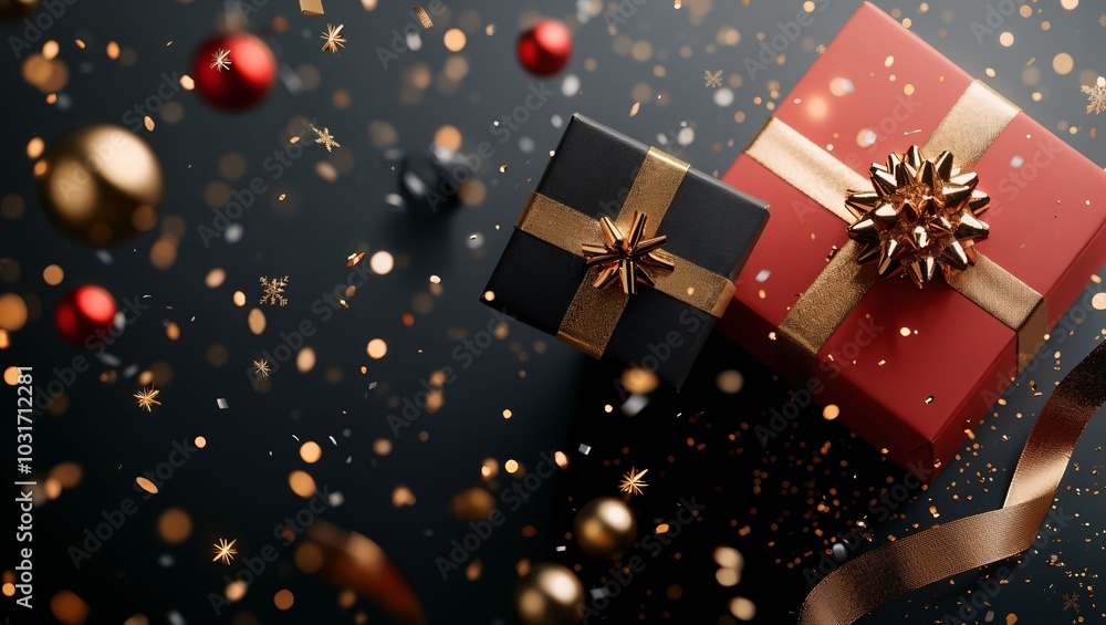 Celebrate the Joy of Giving: A Stunning Display of Wrapped Christmas Gifts Surrounded by Festive Decorations, Sparkling Confetti and Cheerful Ornaments in a Dark Background Celebrate the Joy of Giving: A Stunning Display of Wrapped Christmas Gifts Surrounded by Festive Decorations, Sparkling Confetti and Cheerful Ornaments in a Dark Background