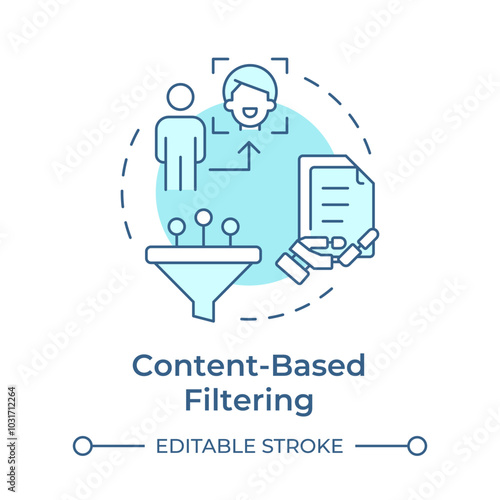 Content-based filtering soft blue concept icon. Personalized advertising. Data control. Round shape line illustration. Abstract idea. Graphic design. Easy to use article, blog post
