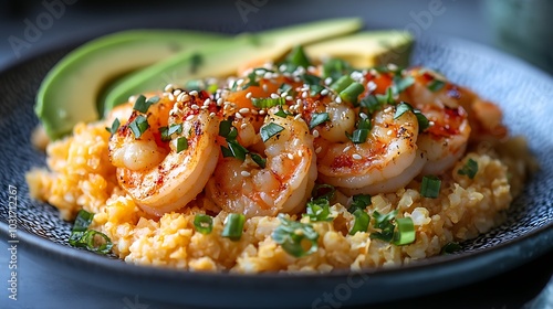 A vibrant plate of cauliflower rice topped with grilled shrimp, avocado slices, and a sprinkle of sesame seeds.