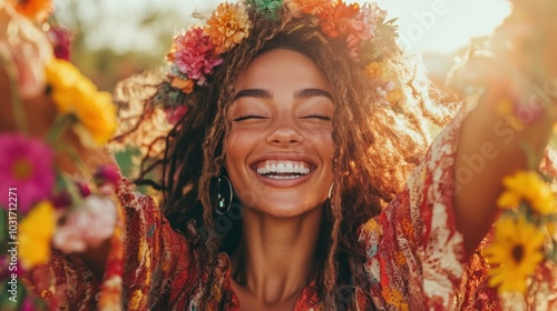 A spirited woman with dreadlocks and a vibrant floral crown, basking in the golden sunlight with a radiant smile, symbolizing freedom and happiness. photo