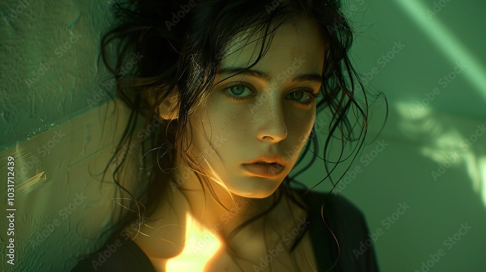 Portrait of a Woman with Green Eyes and Intriguing Expression Portrait of a Woman with Green Eyes and Intriguing Expression