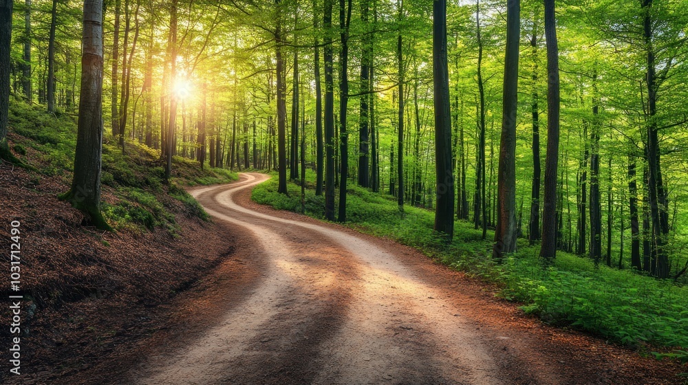 Fototapeta premium A winding dirt path through a lush green forest at sunset.
