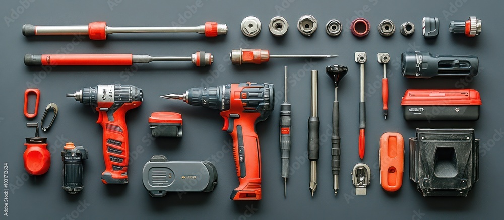A flat lay of various tools arranged on a grey background. A flat lay of various tools arranged on a grey background.
