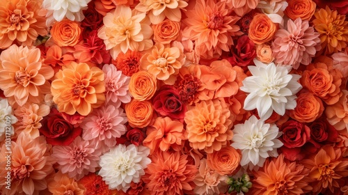 A magnificent collection of vibrant roses and dahlias in various shades of orange, red, and white, creating a floral tapestry evoking warmth and beauty.