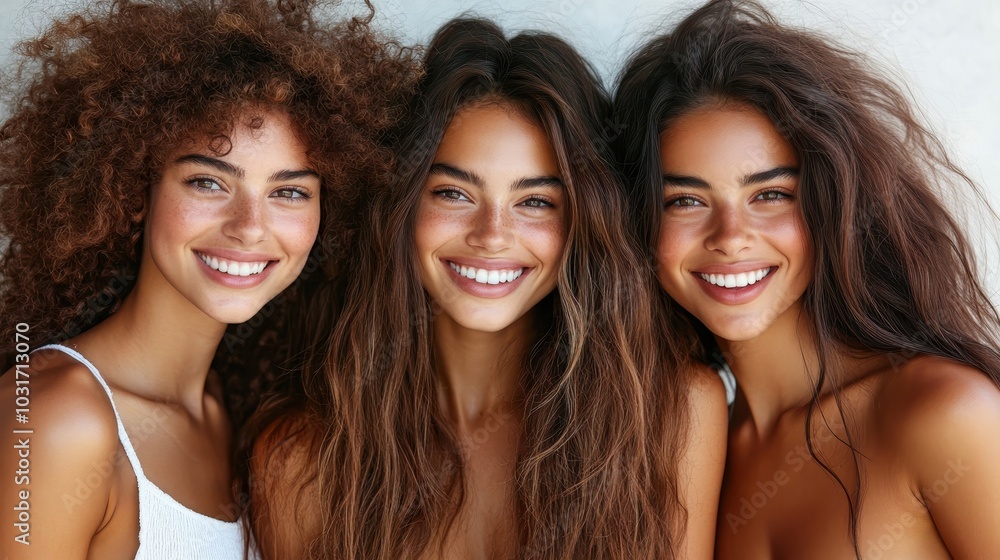 A joyful image of three women with voluminous, textured hair and sincere smiles, conveying their lighthearted mood and warm connection, set against a subtle background. A joyful image of three women with voluminous, textured hair and sincere smiles, conveying their lighthearted mood and warm connection, set against a subtle background.