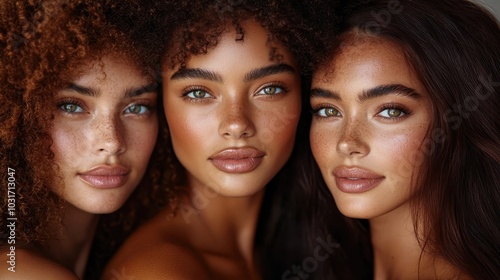 A trio of models poses together, showcasing their curly hair and distinct features, celebrating a mix of natural and refined elegance in a harmonious scene.