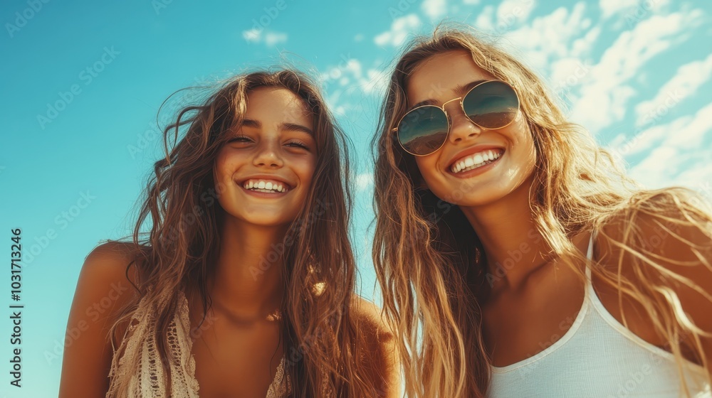 Two smiling women with long hair enjoying a sunny day at the beach, embodying joy and friendship under clear blue skies, perfectly capturing a summer moment. Two smiling women with long hair enjoying a sunny day at the beach, embodying joy and friendship under clear blue skies, perfectly capturing a summer moment.