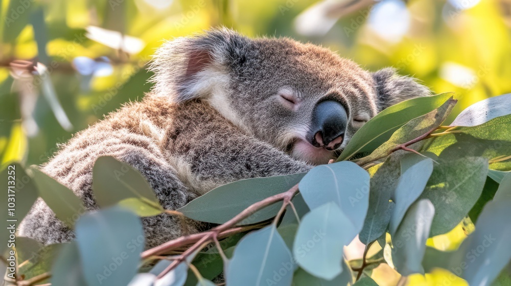Obraz premium A koala sleeping peacefully among eucalyptus leaves in a natural setting.