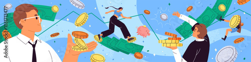 Money concept. Finance business on dollar market. Financial literacy, investment and economy. Wealthy people, businessmen with cash, coins. Investors earn salary, profit. Flat vector illustration