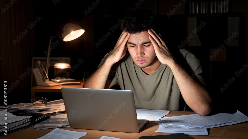 Overworked, sitting at a cluttered desk late at night. Surrounded by documents Overworked, sitting at a cluttered desk late at night. Surrounded by documents