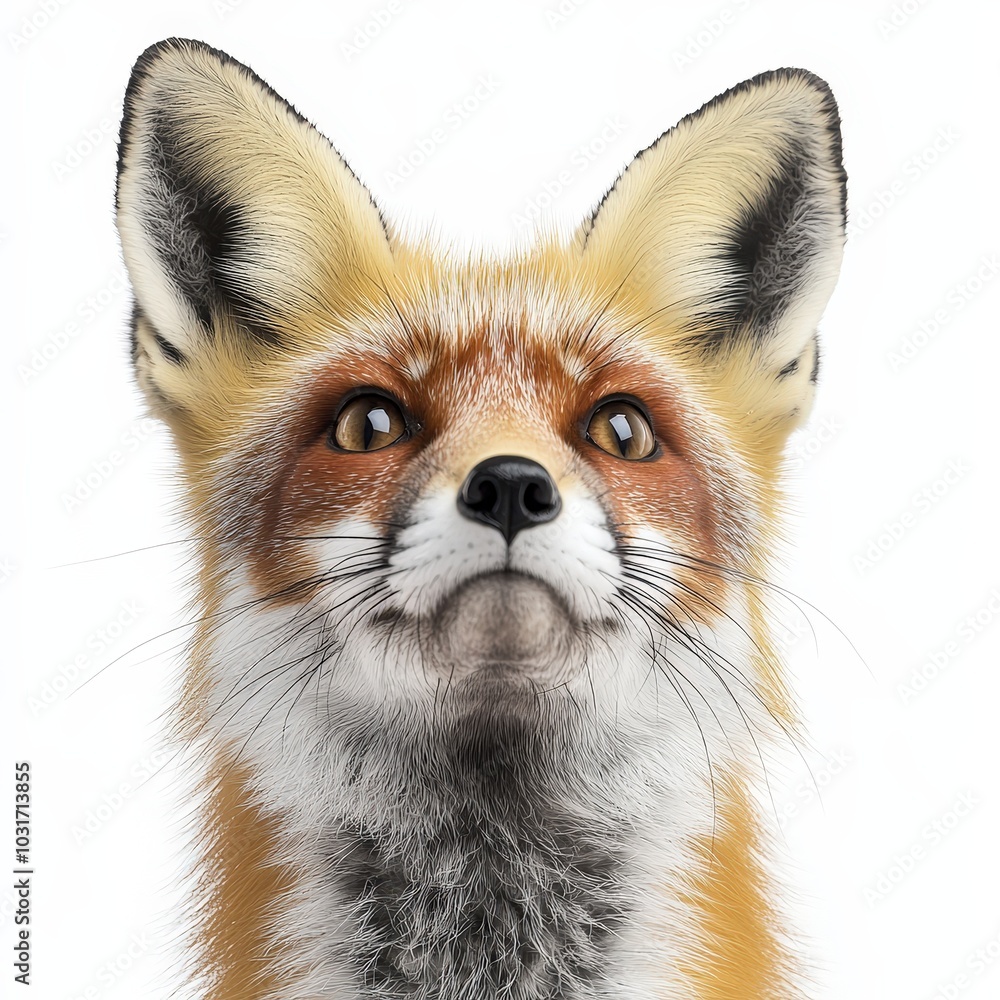 Red Fox Portrait Isolated Close Up of Curious Animal with White Background Red Fox Portrait Isolated Close Up of Curious Animal with White Background