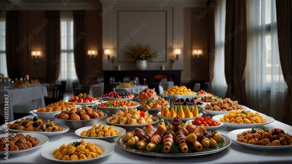 A long table laden with a variety of appetizers and desserts, showcasing a wide range of flavors and colors. A long table laden with a variety of appetizers and desserts, showcasing a wide range of flavors and colors.