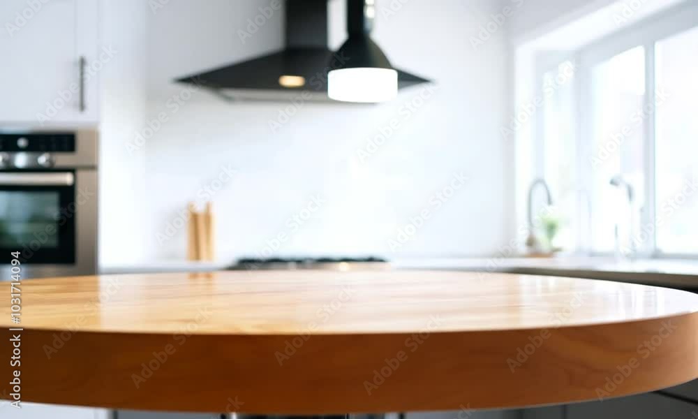 Close-up of a polished wooden table top with a blurred background of a modern kitchen. Close-up of a polished wooden table top with a blurred background of a modern kitchen.