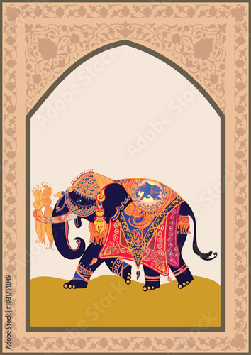 Traditional Mughal Motif Frame Arch Peacock, Traditional Mughal decorative garden with arch peacock seamless pattern frame, Traditional Mughal temple lattice wall peacock tree pattern illustration