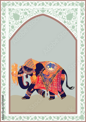 Traditional Mughal Motif Frame Arch Peacock, Traditional Mughal decorative garden with arch peacock seamless pattern frame, Traditional Mughal temple lattice wall peacock tree pattern illustration