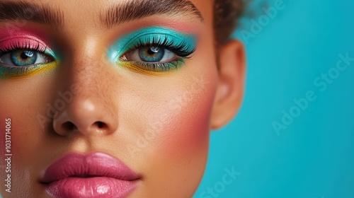 Vibrant eye makeup on a woman featuring pink, blue, and yellow shades against a striking turquoise backdrop, showcasing beauty and artistic allure.