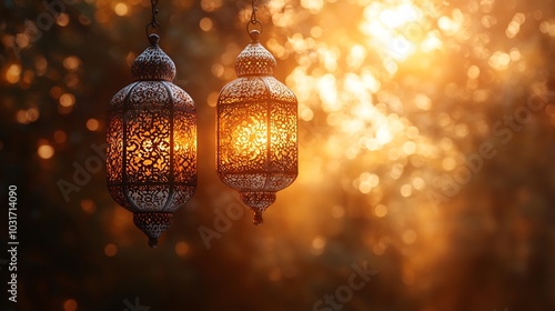 Rich Arabian background luxurious white and gold lanterns hanging on the left casting intricate shadows The design is elegant with plenty of space on the right for custom Ramadan messages