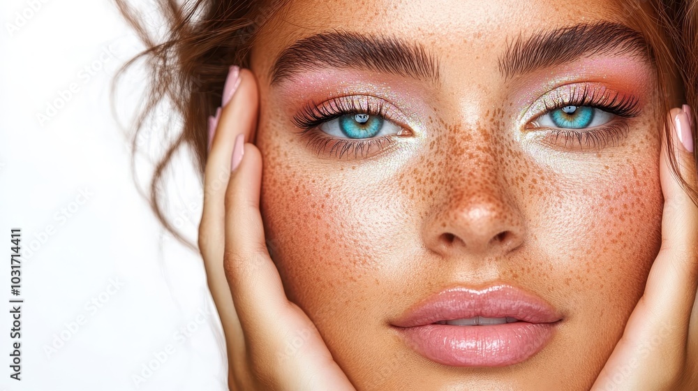 A striking close-up portrait featuring a model with vivid blue eyes, lush freckles, and shimmering makeup, radiating confidence and beauty in an elegant pose. A striking close-up portrait featuring a model with vivid blue eyes, lush freckles, and shimmering makeup, radiating confidence and beauty in an elegant pose.