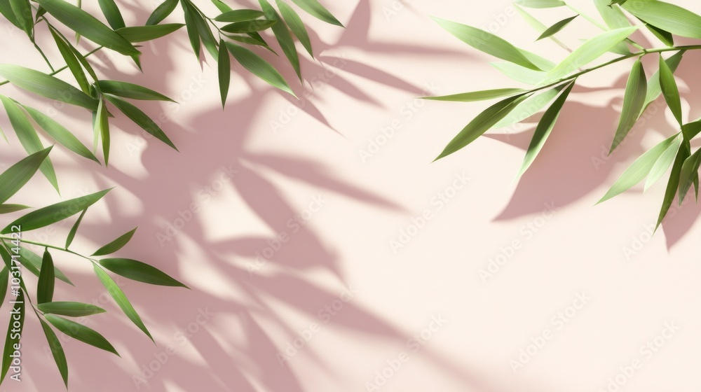 A serene arrangement of bamboo leaves casting shadows on a soft pink background. A serene arrangement of bamboo leaves casting shadows on a soft pink background.