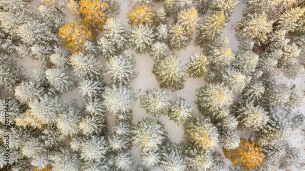 Aerial view of vibrant, textured vegetation in a snowy landscape. Aerial view of vibrant, textured vegetation in a snowy landscape.