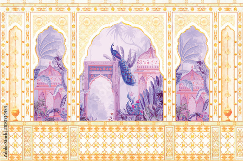 Traditional Mughal Motif Frame Arch Peacock, Traditional Mughal decorative garden with arch peacock seamless pattern frame, Traditional Mughal temple lattice wall peacock tree pattern illustration