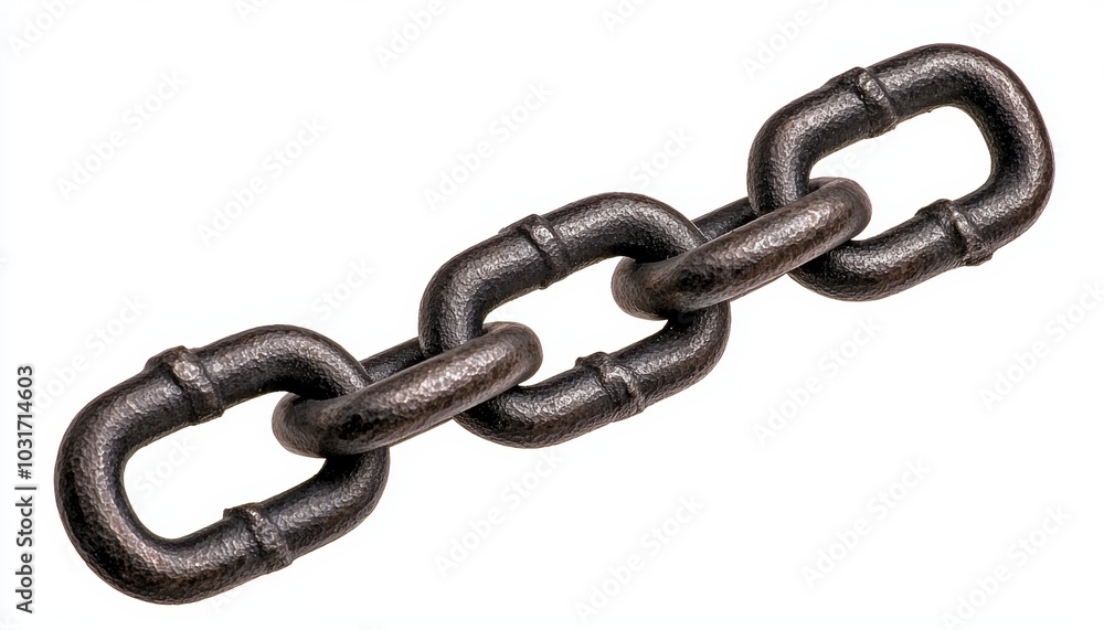 A heavy-duty chain link, with rough metal texture, isolated on a white background A heavy-duty chain link, with rough metal texture, isolated on a white background