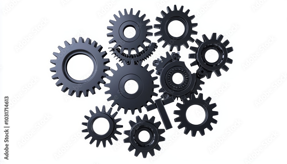 A heavy-duty gear set with interlocking teeth, perfectly aligned, isolated on a white background A heavy-duty gear set with interlocking teeth, perfectly aligned, isolated on a white background