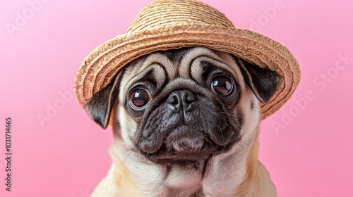 A cute pug wearing a straw hat against a pink background, exuding charm and playfulness.