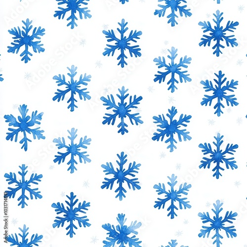 Blue Watercolor Snowflakes Seamless Pattern.