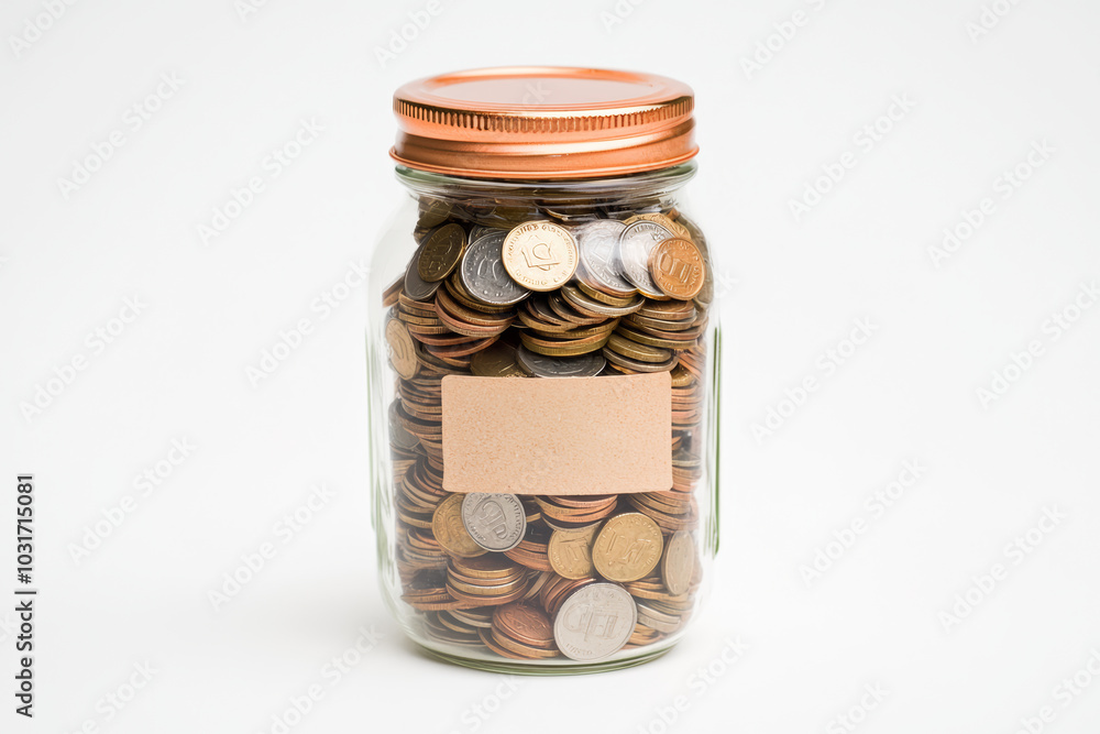 A jar filled with coins, with a small label marked savings,' isolated on a clean white surface A jar filled with coins, with a small label marked savings,' isolated on a clean white surface