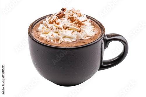 A hot cup of cocoa topped with whipped cream and sprinkled with cinnamon, isolated on a white background