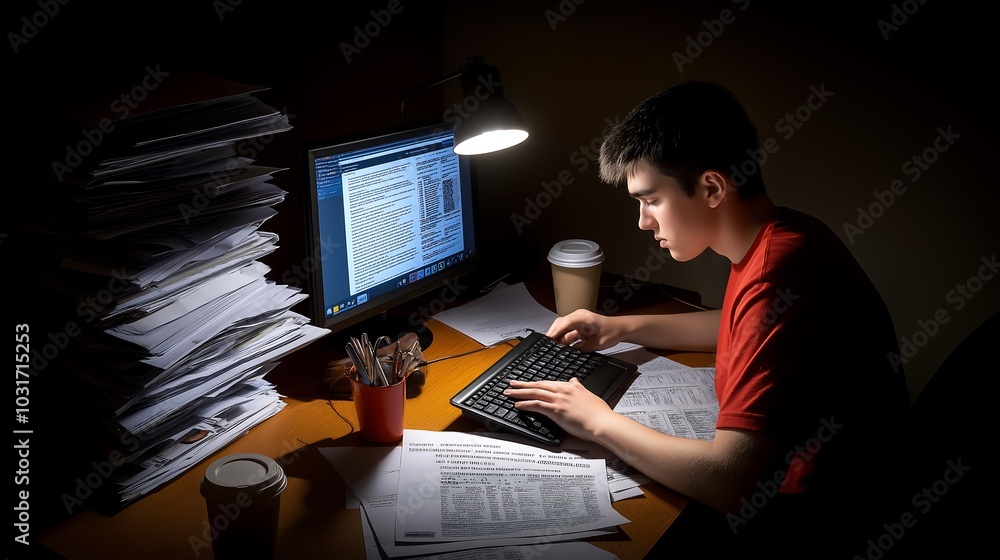 Overworked, sitting at a cluttered desk late at night.  Surrounded by documents