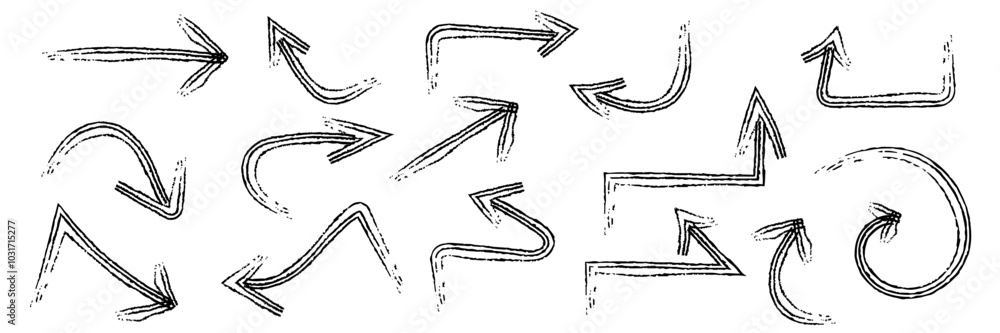Obraz premium A set of arrows drawn by hand with brushes. Grunge-style vector arrows.