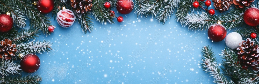 Christmas banner featuring fir branches, red and white decorations, snow, and blue backdrop. Festive seasonal design. Banner. Christmas banner featuring fir branches, red and white decorations, snow, and blue backdrop. Festive seasonal design. Banner.