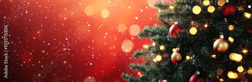 Christmas tree with bokeh lights on red background. Festive holiday design. Banner.