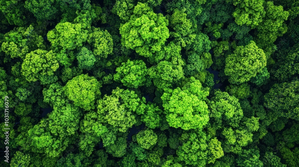 Aerial view of lush green trees forming a dense forest canopy. Aerial view of lush green trees forming a dense forest canopy.