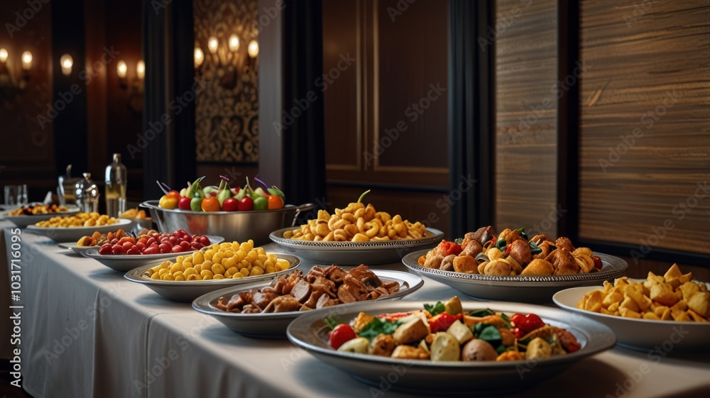 A buffet table in a restaurant with an assortment of food dishes including pasta, vegetables and meat. A buffet table in a restaurant with an assortment of food dishes including pasta, vegetables and meat.