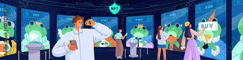 NFT market concept. Gallery of electronic artworks of digital artists. People buy arts at blockchain. Non fungible tokens on cryptocurrency marketplace. Crypto investment. Flat vector illustration