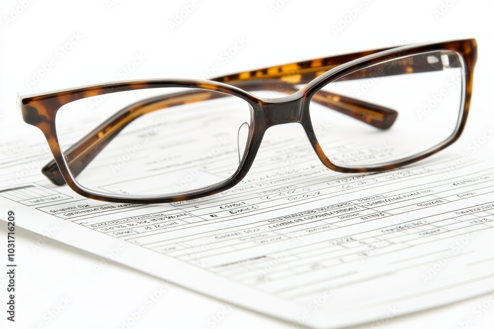 A pair of reading glasses resting on top of a detailed financial statement, isolated on a white background A pair of reading glasses resting on top of a detailed financial statement, isolated on a white background