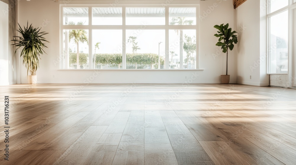 An empty room adorned with a polished wooden floor and large windows, enjoying the serene ambiance created by sunlight streaming through, embracing tranquility. An empty room adorned with a polished wooden floor and large windows, enjoying the serene ambiance created by sunlight streaming through, embracing tranquility.