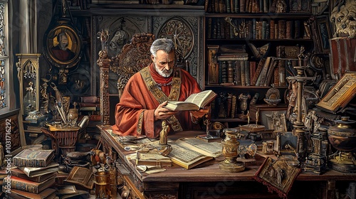 Saint Anselm is illustrated in a scholarly setting, immersed in ancient writings and symbolic relics that reflect his theological impact.