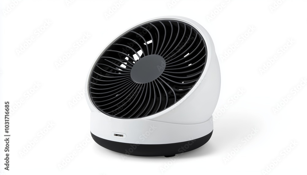 A portable electric fan with adjustable speed settings and oscillation, isolated on a clean white surface A portable electric fan with adjustable speed settings and oscillation, isolated on a clean white surface